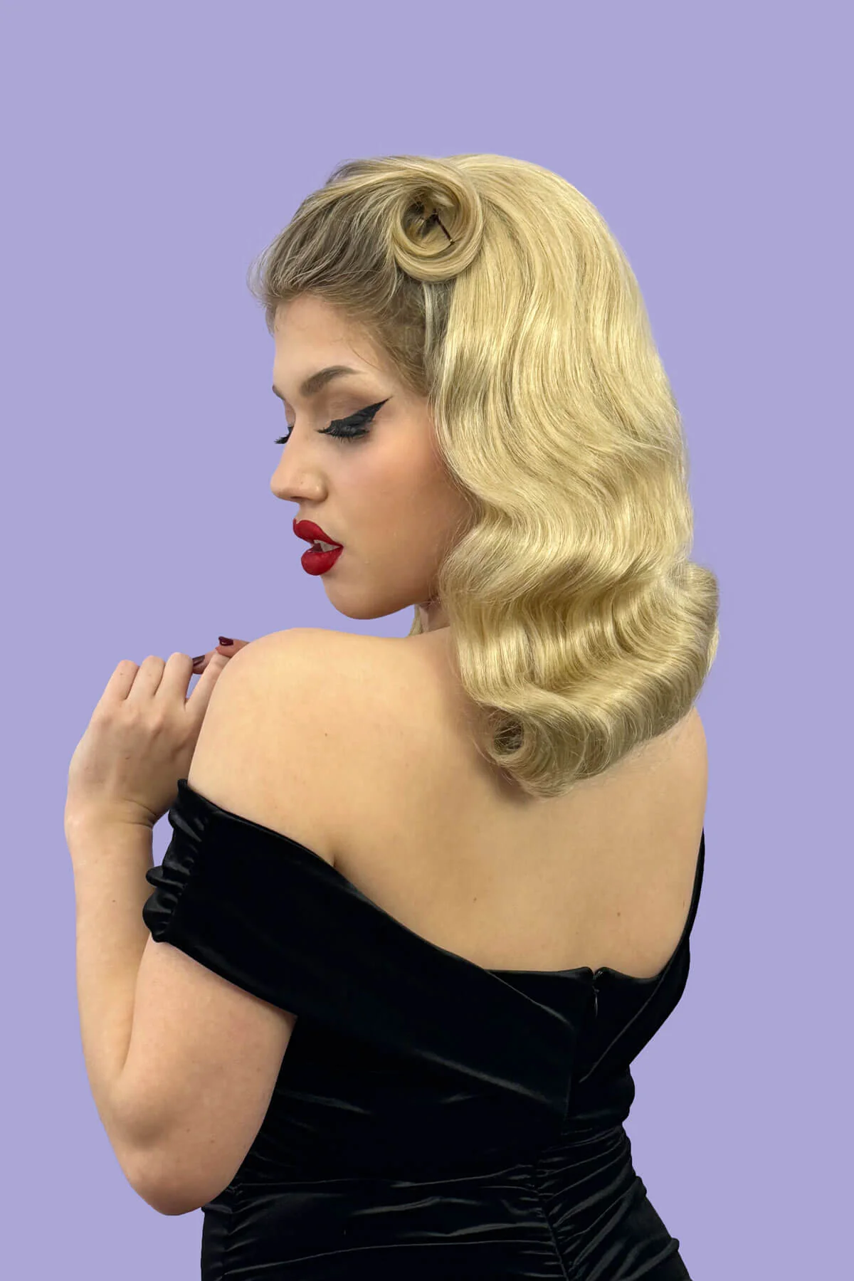 Half wig hairpiece, just below shoulder length, with deep finger waves: Deborah