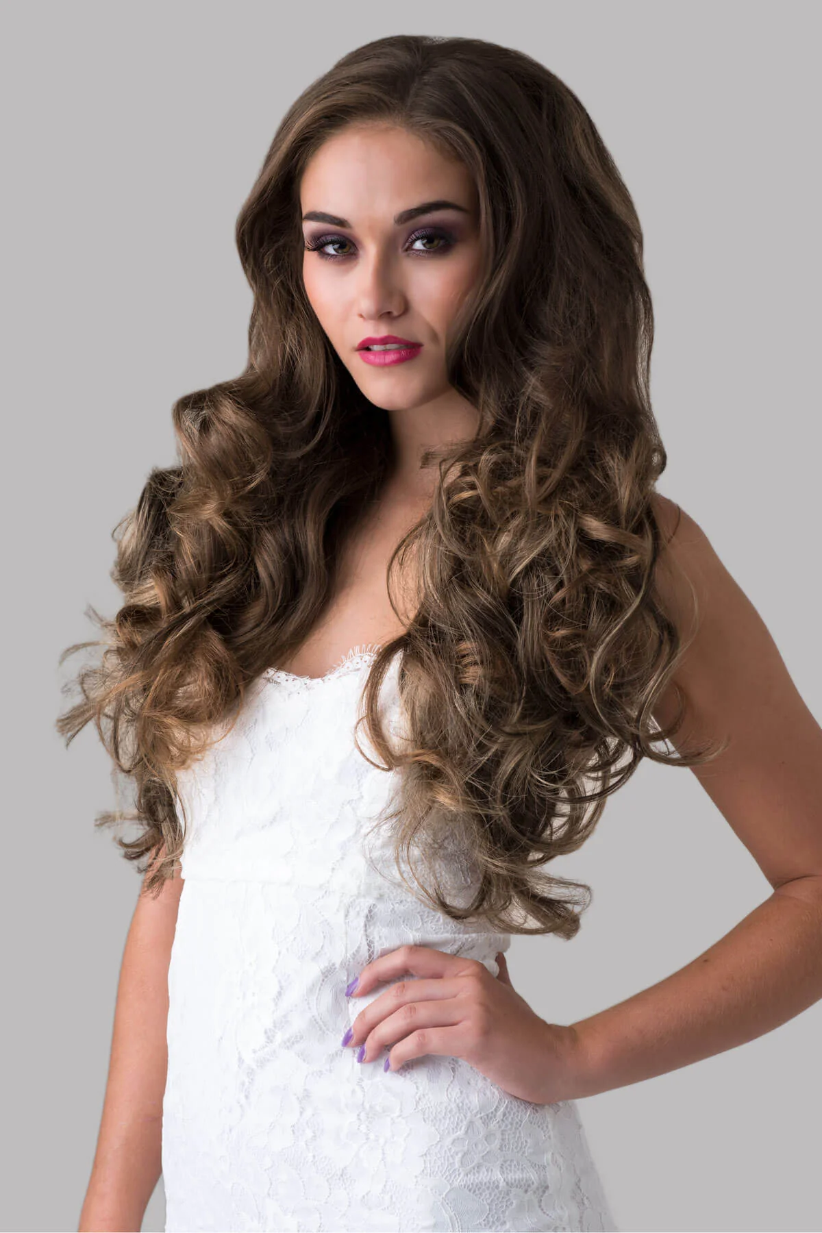 Brown half wig with blonde highlights with big loose curls: Nickie