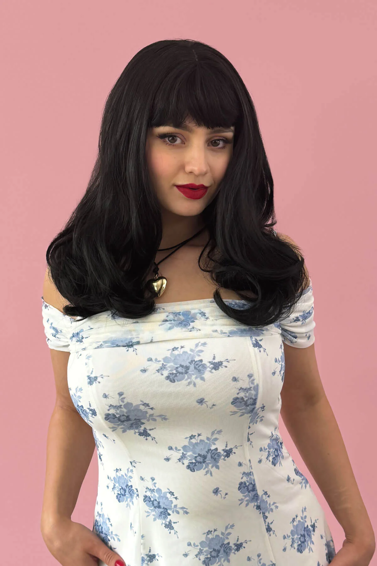 Long black wavy bob (LOB) wig with straight retro fringe: Ciarra
