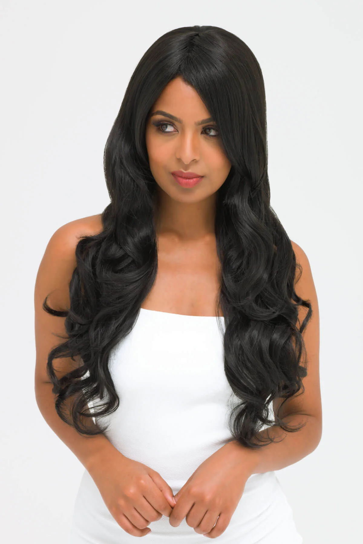 Long wavy black wig with side-sweeping Fringe: Charlotte - Image 2